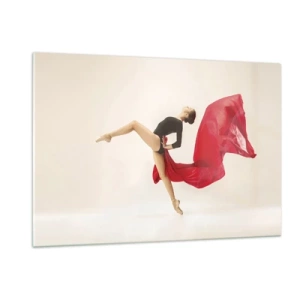 Quadro su vetro - Una ballerina in un salto dinamico con tessuto rosso - 120x80cm - Rosso e nero - Decorazione murale moderna per soggiorno e camera da letto ARTTOR