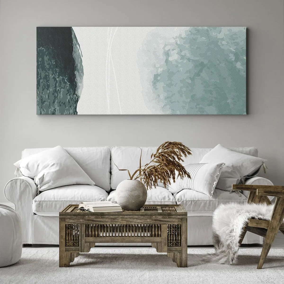 Quadro su tela - Stampe su Tela - Una delicata composizione astratta nelle tonalità del verde, con forme delicate su uno sfondo chiaro. - 160x50cm - Incontro con la nebbia - Decorazione murale moderna per soggiorno e camera da letto ARTTOR