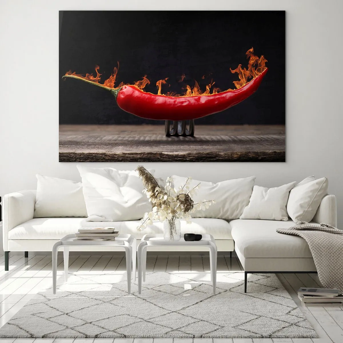 Quadro su vetro - Peperoncino rosso bruciante su sfondo nero - 100x70cm - Stuzzichino infuocato - Decorazione murale moderna per soggiorno e camera da letto ARTTOR