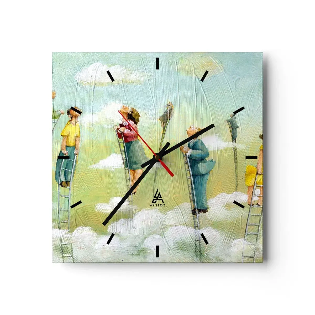 Orologio da parete - Orologio in Vetro - Figure che salgono scale tra le nuvole su uno sfondo pastello. - 30x30cm - Seguendo i propri sogni - Decorazione murale moderna per soggiorno e camera da letto ARTTOR
