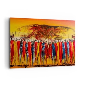 Quadro su tela - Stampe su Tela - Una scena colorata con figure africane sullo sfondo del sole al tramonto. - 100x70cm - Al suono dei tam tam - Decorazione murale moderna per soggiorno e camera da letto ARTTOR