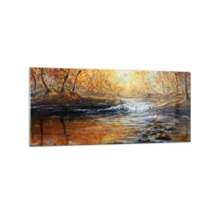 Quadro su vetro - Paesaggio autunnale con un fiume tra gli alberi - 120x50cm - Ruscello d'oro - Decorazione murale moderna per soggiorno e camera da letto ARTTOR