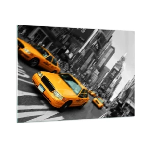 Quadro su vetro - Taxi gialli sullo sfondo delle strade cittadine in bianco e nero - 100x70cm - Gocce di sole a New York - Decorazione murale moderna per soggiorno e camera da letto ARTTOR