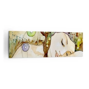 Quadro su tela - Stampe su Tela - Una donna che sogna circondata da forme e colori astratti. - 160x50cm - Sogno smeraldo e viola - Decorazione murale moderna per soggiorno e camera da letto ARTTOR