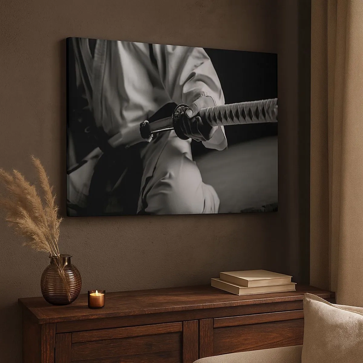 Quadro su tela - Stampe su Tela - Un samurai in kimono che impugna una katana in bianco e nero. - 70x50cm - L'anima del guerriero - Decorazione murale moderna per soggiorno e camera da letto ARTTOR