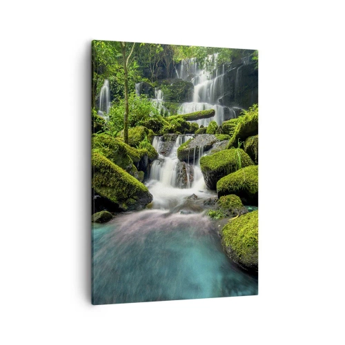 Quadro su tela - Stampe su Tela - Una cascata tropicale circondata dal verde e dall'acqua turchese - 50x70cm - Turchese, zaffiro e argento liquido - Decorazione murale moderna per soggiorno e camera da letto ARTTOR