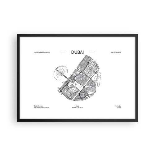 Poster in cornice nera - Una mappa minimalista in bianco e nero di Dubai con indicazioni di posizione. - 70x50cm - Anatomia di Dubai - Decorazione murale moderna per soggiorno e camera da letto ARTTOR