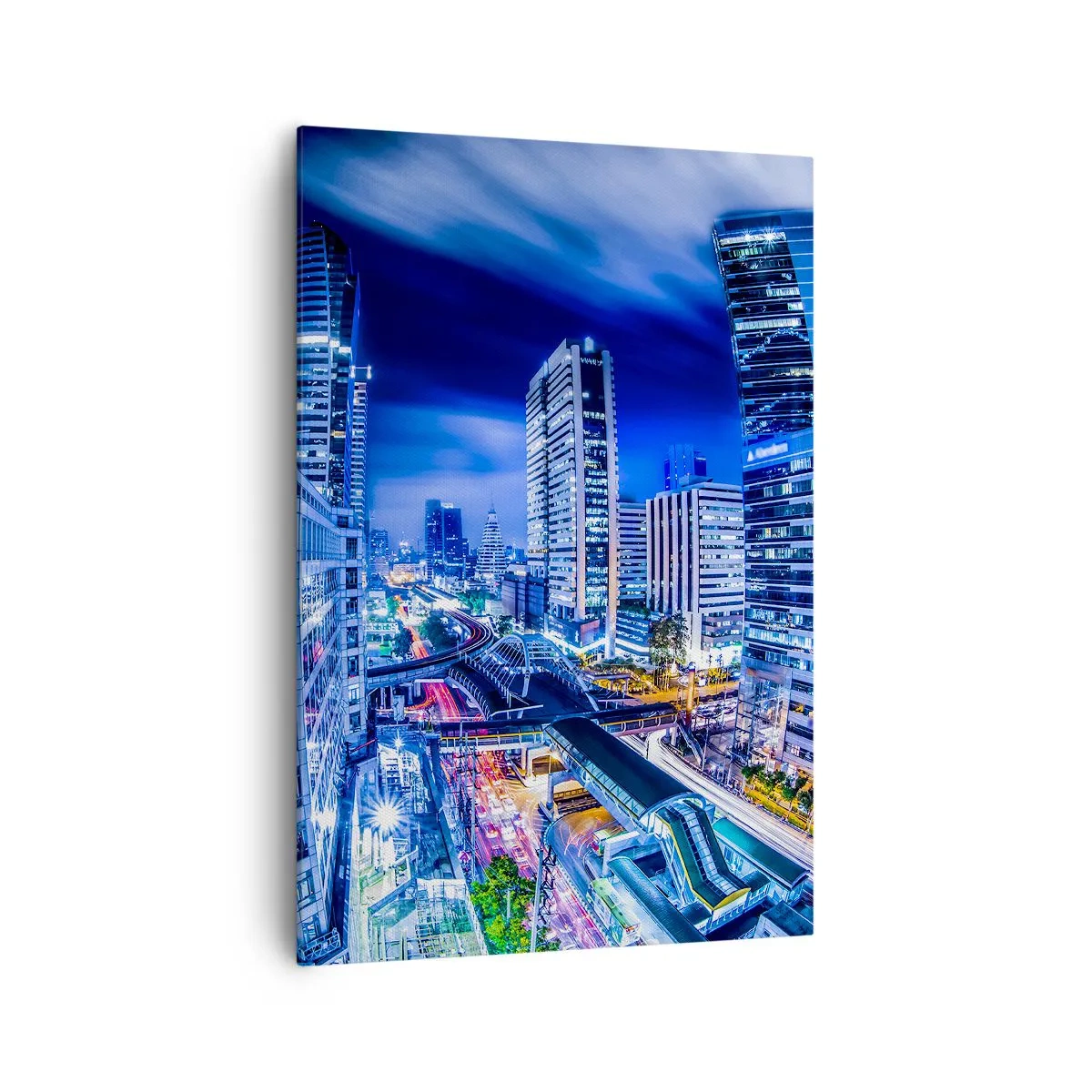 Quadro su tela - Stampe su Tela - Panorama notturno della città con grattacieli e lampioni - 70x100cm - Il ritmo notturno della città - Decorazione murale moderna per soggiorno e camera da letto ARTTOR