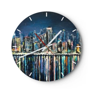 Orologio da parete - Orologio in Vetro - Panorama notturno della città con riflessi di luce sull'acqua - 30x30cm - Cascata di luci - Decorazione murale moderna per soggiorno, cucina e camera da letto ARTTOR