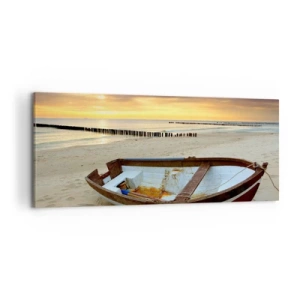 Quadro su tela - Stampe su Tela - Una barca su una spiaggia sabbiosa al tramonto - 120x50cm - Non vi sono spiagge più belle - Decorazione murale moderna per soggiorno e camera da letto ARTTOR