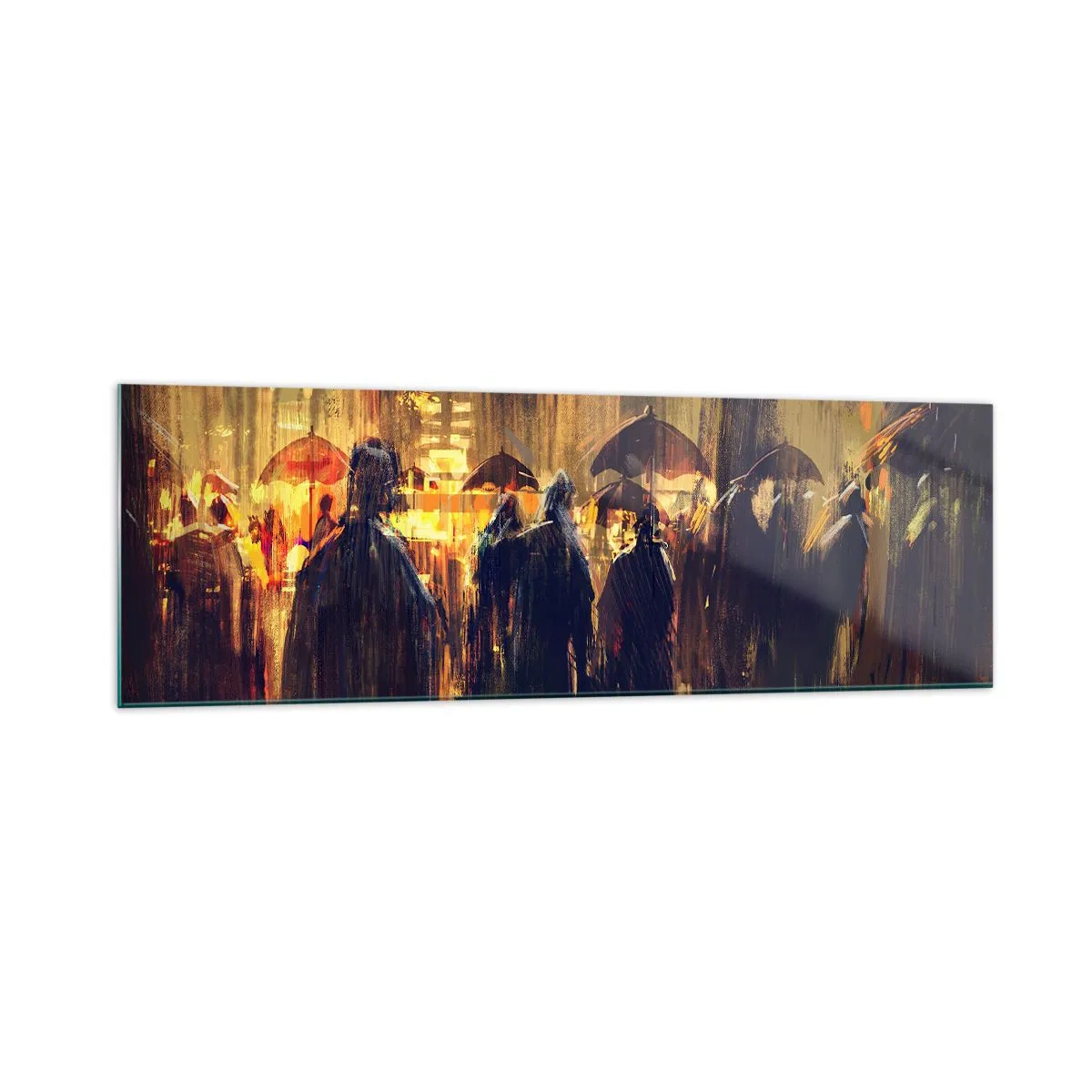 Quadro su vetro - Figure con ombrelli in una città piovosa di notte - 160x50cm - Gli adoratori della pioggia - Decorazione murale moderna per soggiorno e camera da letto ARTTOR