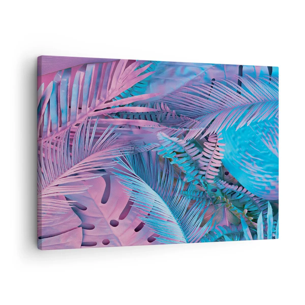 Quadro su tela - Stampe su Tela - Foglie tropicali nelle tonalità del rosa e del blu - 70x50cm - Tropici in rosa e blu - Decorazione murale moderna per soggiorno e camera da letto ARTTOR