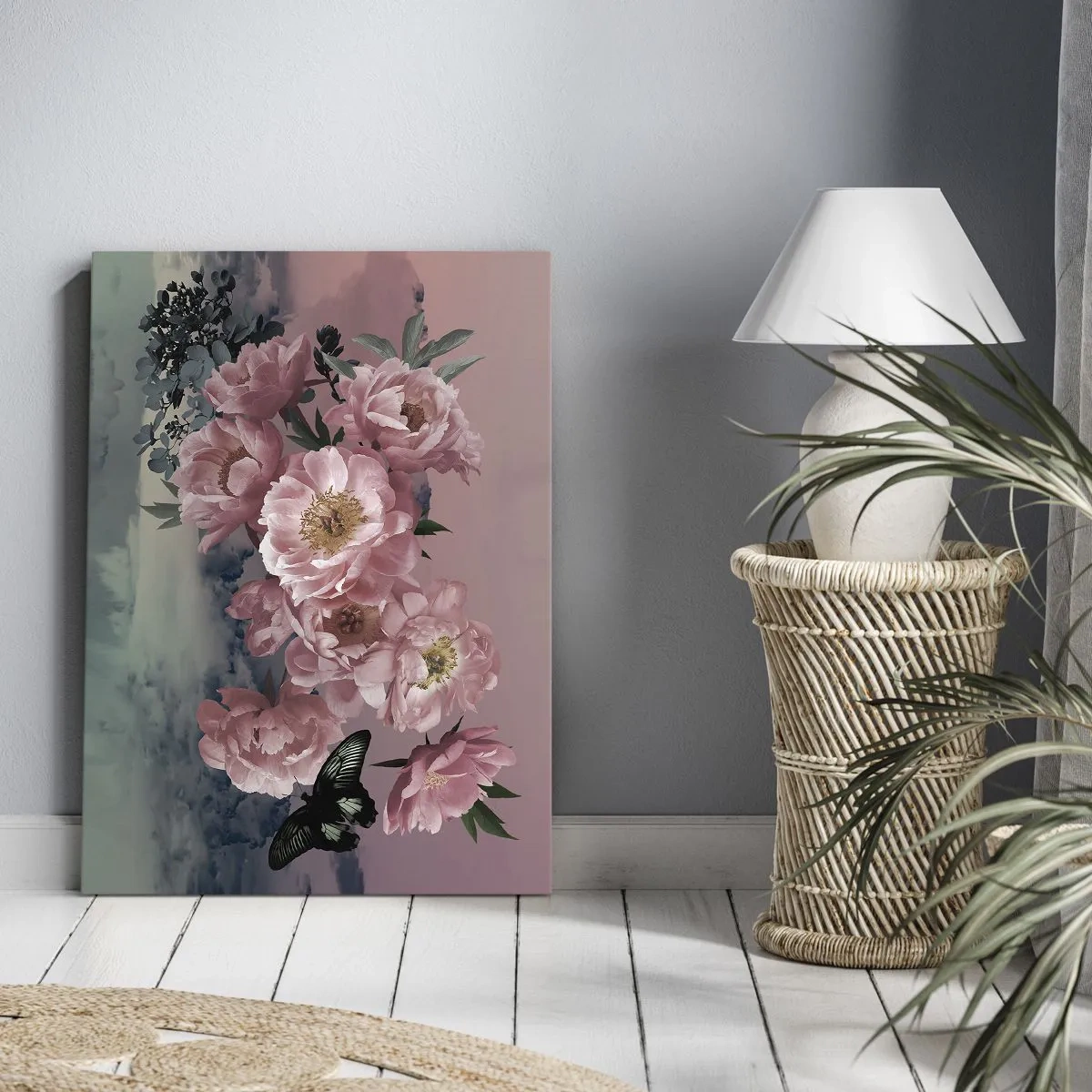 Quadro su tela - Stampe su Tela - Peonie rosa con farfalla su sfondo pastello - 70x100cm - L'apice della romanticità - Decorazione murale moderna per soggiorno e camera da letto ARTTOR