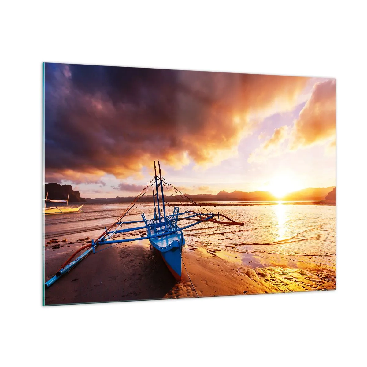 Quadro su vetro - Barca sulla spiaggia al tramonto con un cielo spettacolare - 100x70cm - Riposo sulla sabbia dopo l'intera giornata - Decorazione murale moderna per soggiorno e camera da letto ARTTOR
