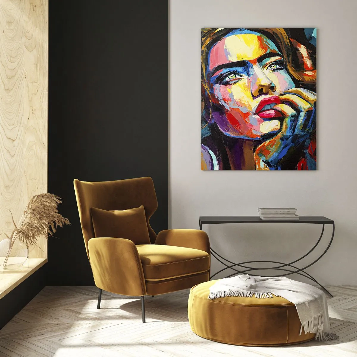 Quadro su vetro - Ritratto di una donna dai colori astratti intensi - 50x70cm - I sogni come uccelli planano nel cielo - Decorazione murale moderna per soggiorno e camera da letto ARTTOR