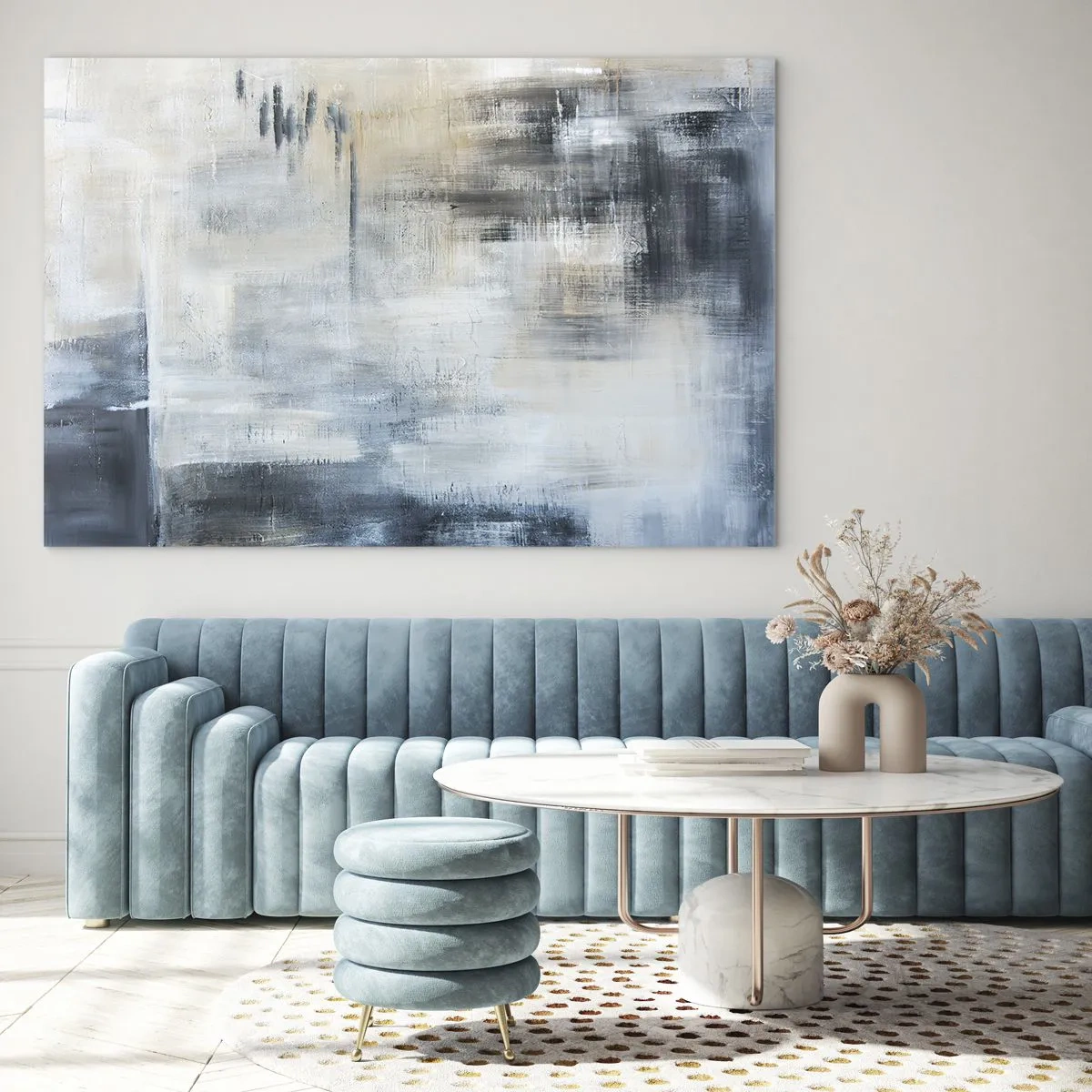 Quadro su vetro - Composizione astratta nei toni del blu e del grigio - 70x50cm - Coperti dal blu - Decorazione murale moderna per soggiorno e camera da letto ARTTOR