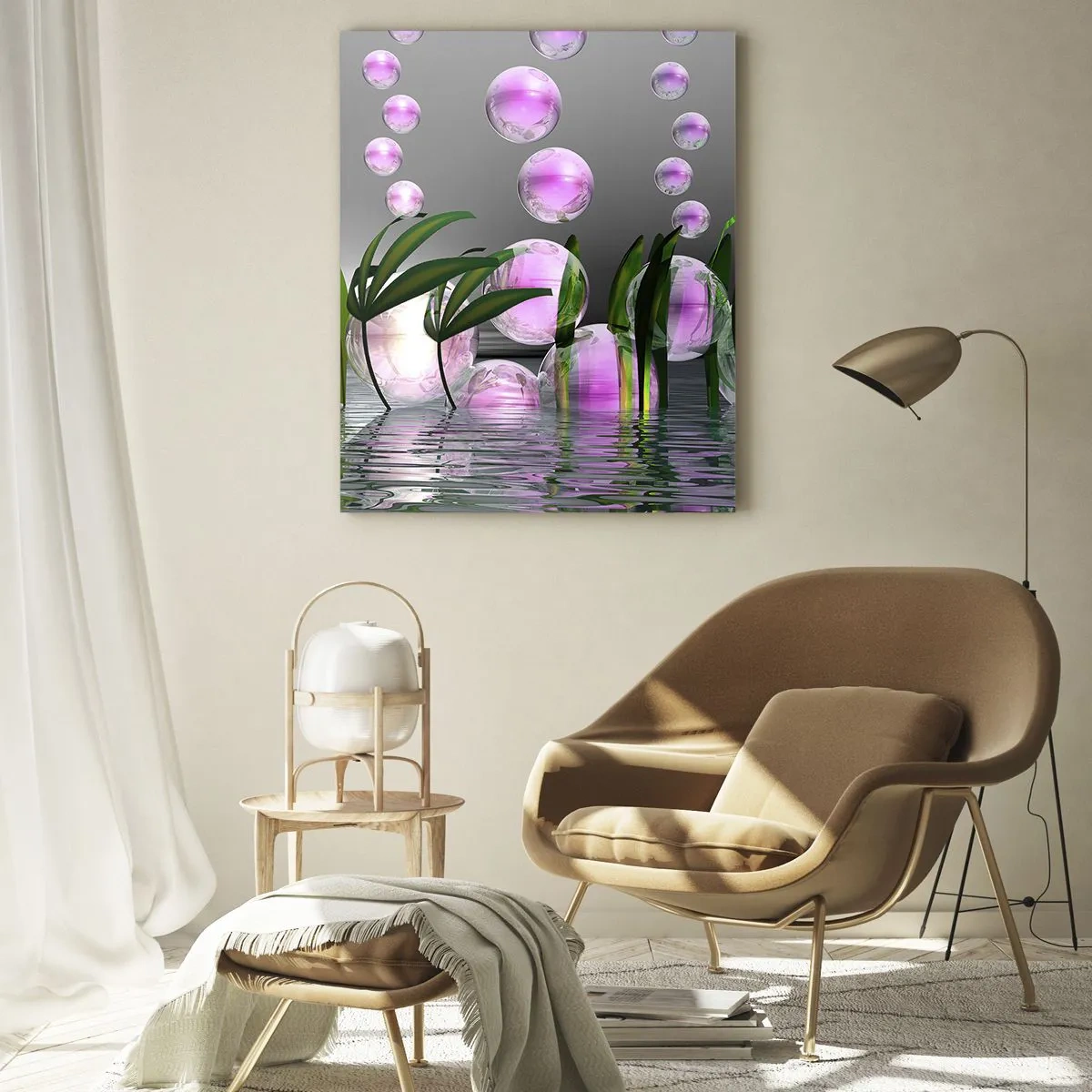 Quadro su vetro - Bolle viola che galleggiano sopra l'acqua con le piante - 50x70cm - Composizione meditativa su leggerezza e vita - Decorazione murale moderna per soggiorno e camera da letto ARTTOR