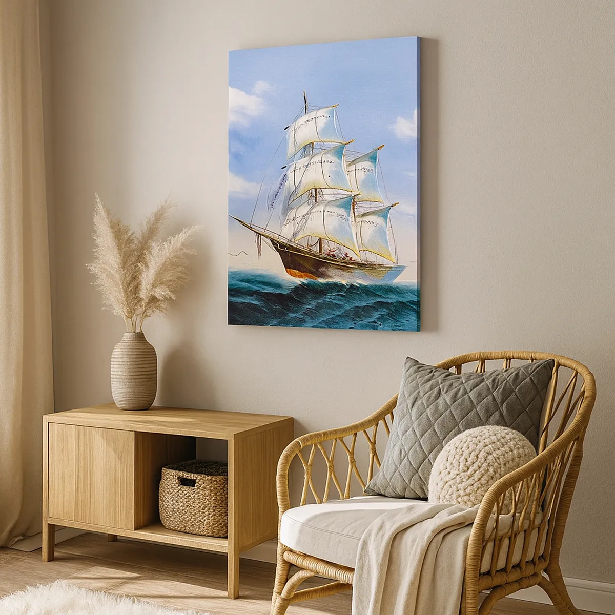 Quadro su tela - Stampe su Tela - Una nave a vela in mare aperto sotto un cielo azzurro - 50x70cm - Con orgoglio nel vento - Decorazione murale moderna per soggiorno e camera da letto ARTTOR