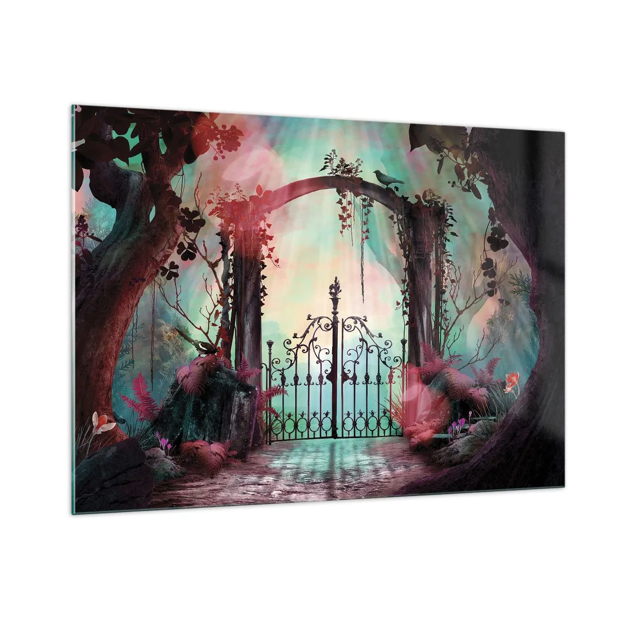 Quadro su vetro - Porte magiche in una foresta da favola - 100x70cm - Il giardino dei misteri - Decorazione murale moderna per soggiorno e camera da letto ARTTOR