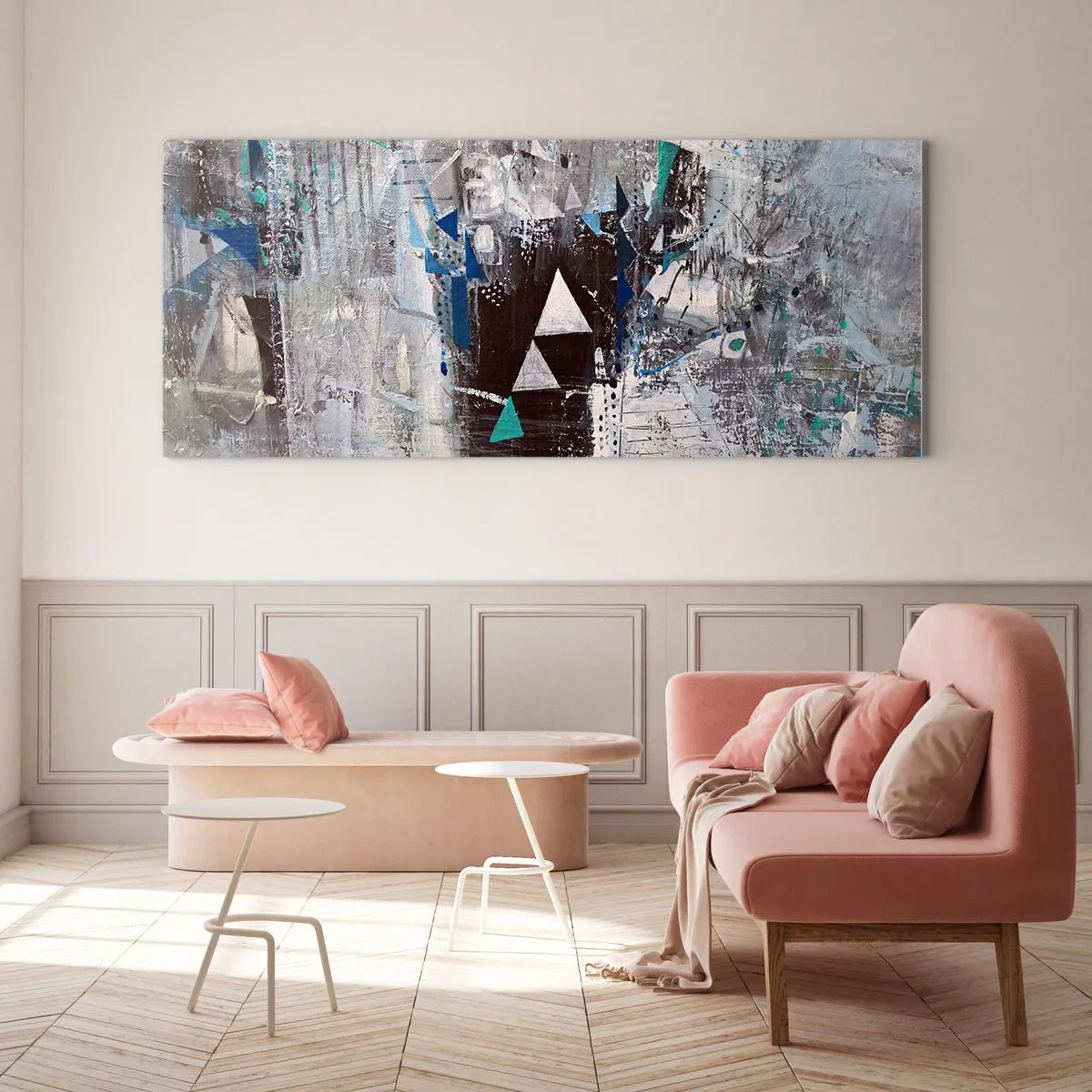 Quadro su vetro - Composizione astratta con triangoli e motivi geometrici - 140x50cm - L'ordine superiore dei triangoli - Decorazione murale moderna per soggiorno e camera da letto ARTTOR