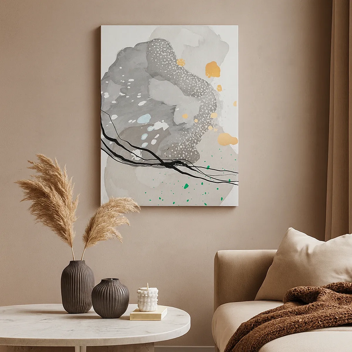 Quadro su tela - Stampe su Tela - Forme organiche in tonalità di grigio con accenti di nero e oro - 50x70cm - Composizione organica - Decorazione murale moderna per soggiorno e camera da letto ARTTOR