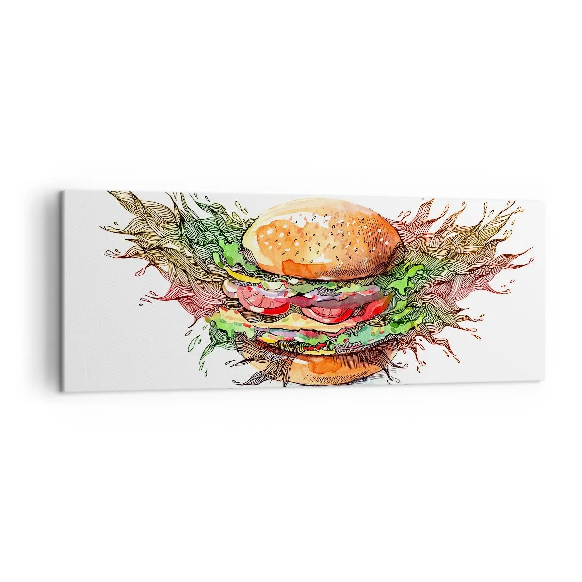 Quadro su tela - Stampe su Tela - Illustrazione artistica di un hamburger con elementi dinamici - 140x50cm - Una tentazione calda - Decorazione murale moderna per soggiorno e camera da letto ARTTOR