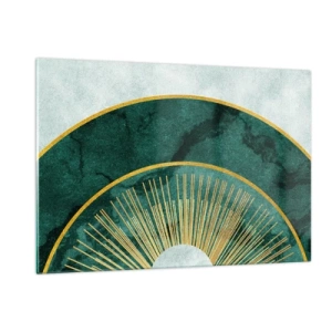 Quadro su vetro - Raggi dorati su uno sfondo di semicerchi verdi con struttura in marmo - 120x80cm - Un altro sistema solare - Decorazione murale moderna per soggiorno e camera da letto ARTTOR