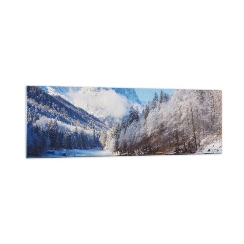 Quadro su vetro - Paesaggio montano invernale con alberi innevati e un lago - 160x50cm - Il custode innevato - Decorazione murale moderna per soggiorno e camera da letto ARTTOR