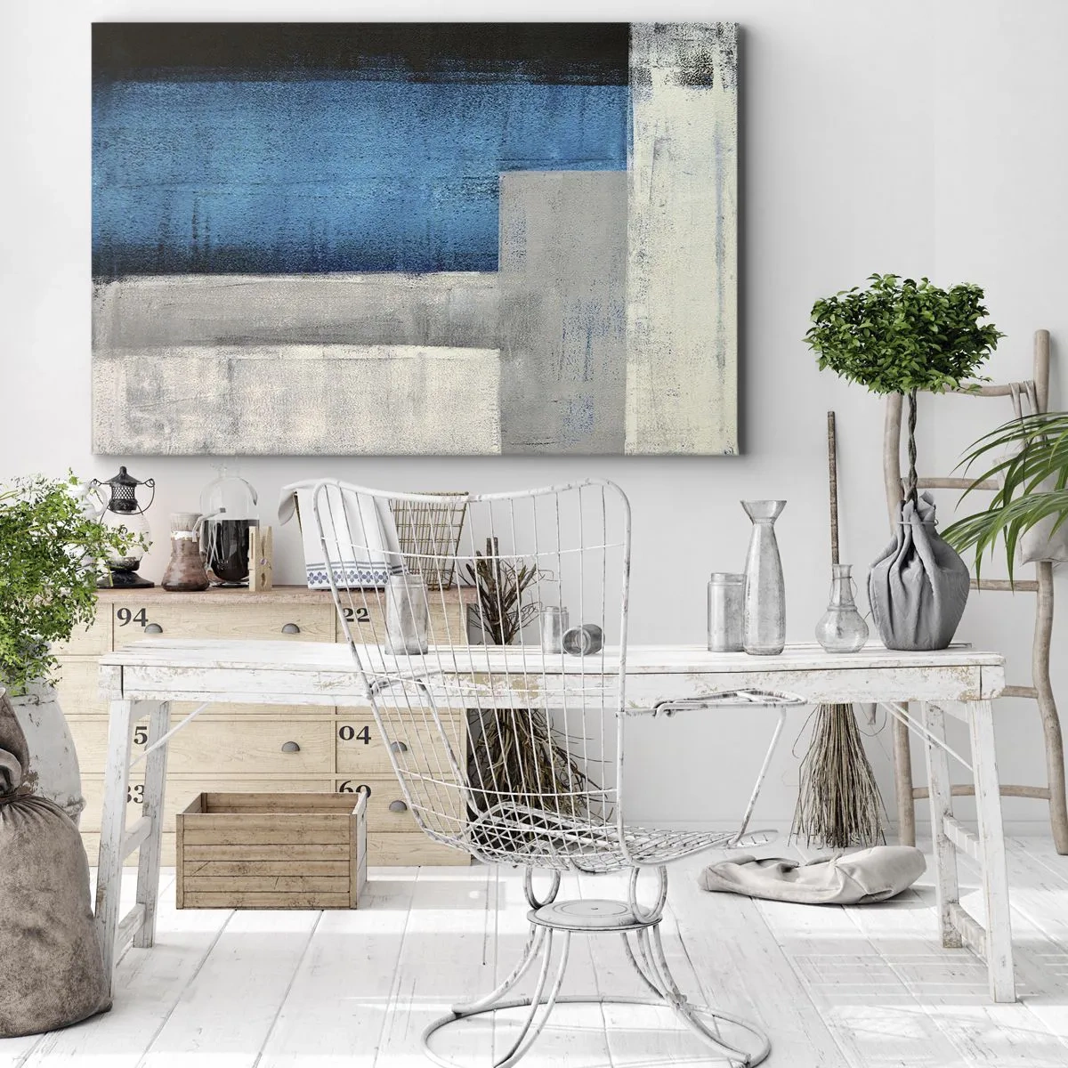 Quadro su tela - Stampe su Tela - Una composizione astratta con sfumature di blu, grigio e bianco. - 70x50cm - Composizione poetica in grigio e blu - Decorazione murale moderna per soggiorno e camera da letto ARTTOR