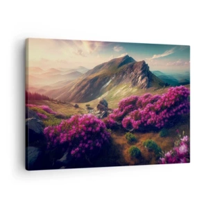 Quadro su tela - Stampe su Tela - Paesaggio montano con rododendri in fiore - 70x50cm - L'estate sui monti - Decorazione murale moderna per soggiorno e camera da letto ARTTOR
