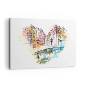 Quadro su tela - Stampe su Tela - Acquerello di un ponte e case popolari a forma di cuore - 120x80cm - Il cuore della città - Decorazione murale moderna per soggiorno e camera da letto ARTTOR