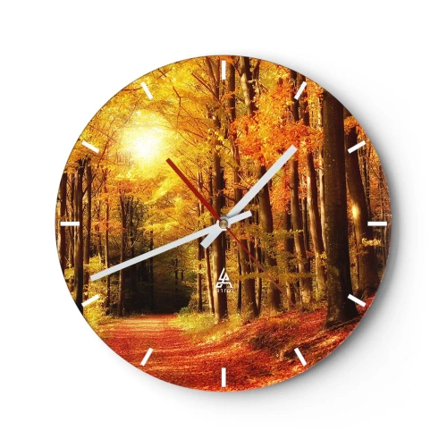 Orologio da parete - Orologio in Vetro - Foresta autunnale con caldi raggi di sole - 30x30cm - Autunno dorato nella via nel bosco - Decorazione murale moderna per soggiorno, cucina e camera da letto ARTTOR