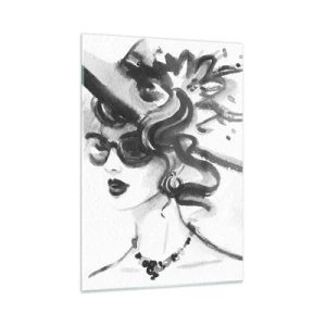Quadro su vetro - Ritratto in bianco e nero di una donna che indossa un cappello - 50x70cm - Donna di carattere - Decorazione murale moderna per soggiorno e camera da letto ARTTOR
