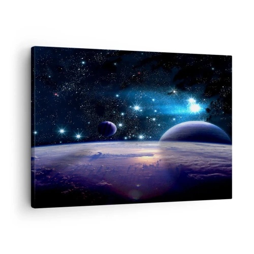 Quadro su tela - Stampe su Tela - Una vista dello spazio con pianeti e stelle - 70x50cm - Sempre da soli? - Decorazione murale moderna per soggiorno e camera da letto ARTTOR
