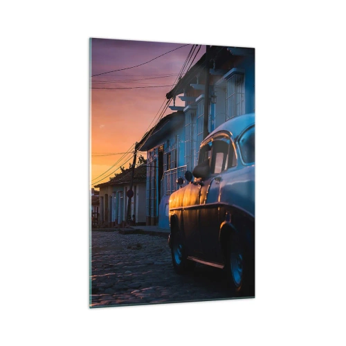 Quadro su vetro - Auto e bicicletta retrò sulla strada alla luce del sole al tramonto - 70x100cm - Qui il tempo rallenta - Decorazione murale moderna per soggiorno e camera da letto ARTTOR