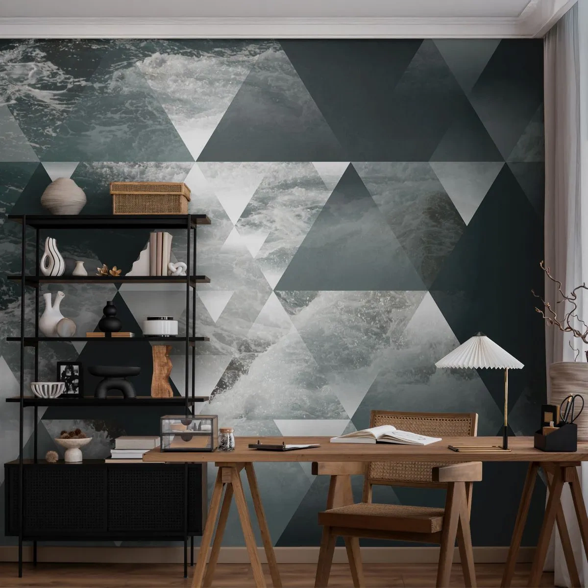 Fotomurali Premium Sand - Triangoli geometrici e onde dell'oceano - 100x70cm - Prospettiva di cristallo - Decorazione murale moderna per soggiorno e camera da letto ARTTOR