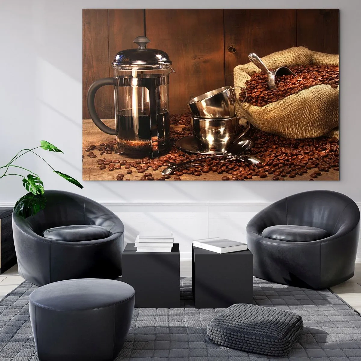 Quadro su vetro - Macchina per il caffè, tazze e un sacchetto di chicchi di caffè - 100x70cm - Magia del caffè: aroma e sapore - Decorazione murale moderna per soggiorno e camera da letto ARTTOR