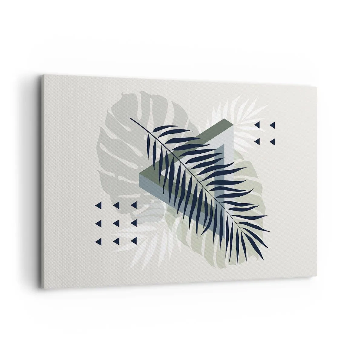 Quadro su tela - Stampe su Tela - Composizione geometrica con foglie tropicali nei toni del verde - 120x80cm - Natura e geometria: due ordini? - Decorazione murale moderna per soggiorno e camera da letto ARTTOR