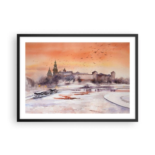 Poster in cornice nera - Tramonto sul castello in uno scenario invernale - 70x50cm - Tramonto reale - Decorazione murale moderna per soggiorno e camera da letto ARTTOR