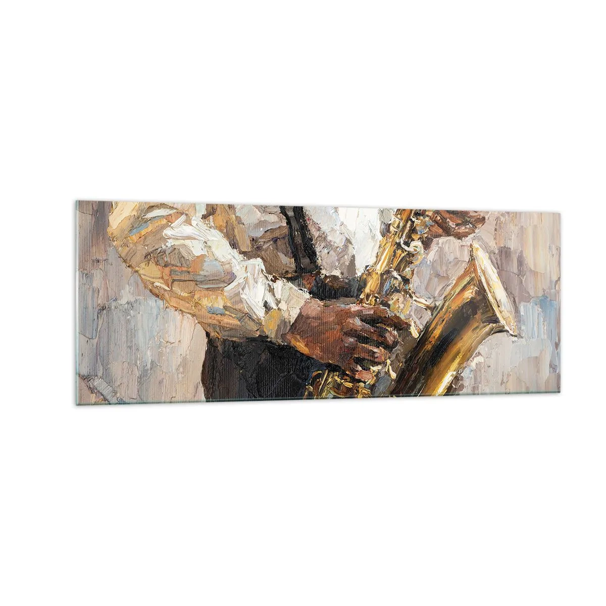 Quadro su vetro - Un musicista che suona il sassofono in uno stile artistico - 140x50cm - Tempo di assolo - Decorazione murale moderna per soggiorno e camera da letto ARTTOR