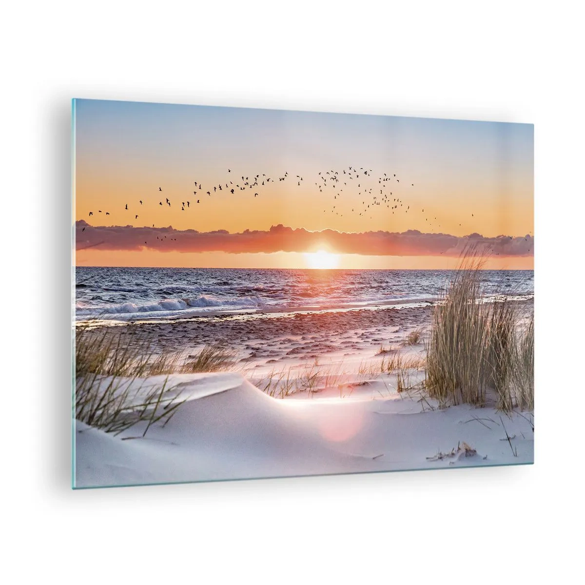 Quadro su vetro - Tramonto sul mare con uccelli e dune di sabbia - 70x50cm - Paesaggio orizzontale - Decorazione murale moderna per soggiorno e camera da letto ARTTOR