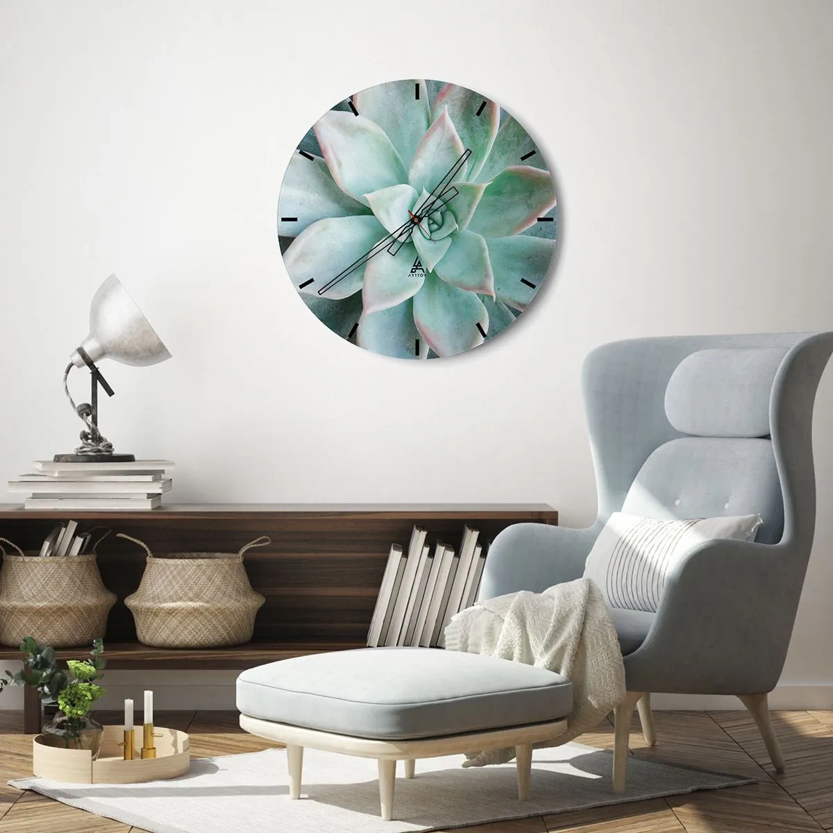 Orologio da parete - Orologio in Vetro - Macrofotografia di una succulenta verde con accenti rosa - 30x30cm - Il cuore del deserto - Decorazione murale moderna per soggiorno, cucina e camera da letto ARTTOR