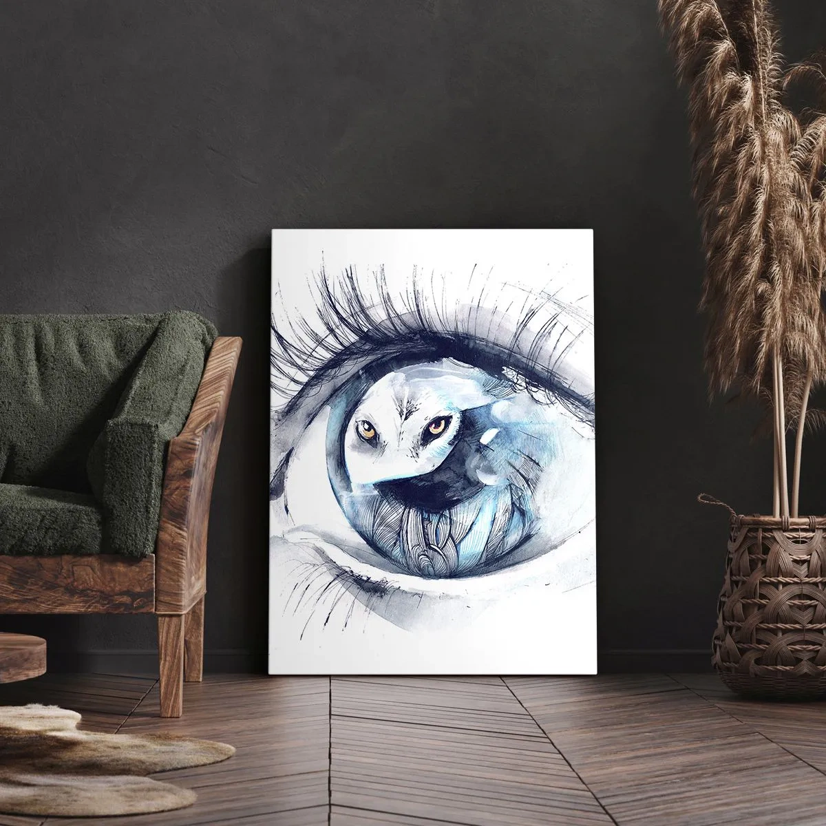 Quadro su tela - Stampe su Tela - Un occhio con l'immagine di un gufo in tonalità di blu acquerellate - 50x70cm - Faccia a faccia con la natura selvaggia - Decorazione murale moderna per soggiorno e camera da letto ARTTOR