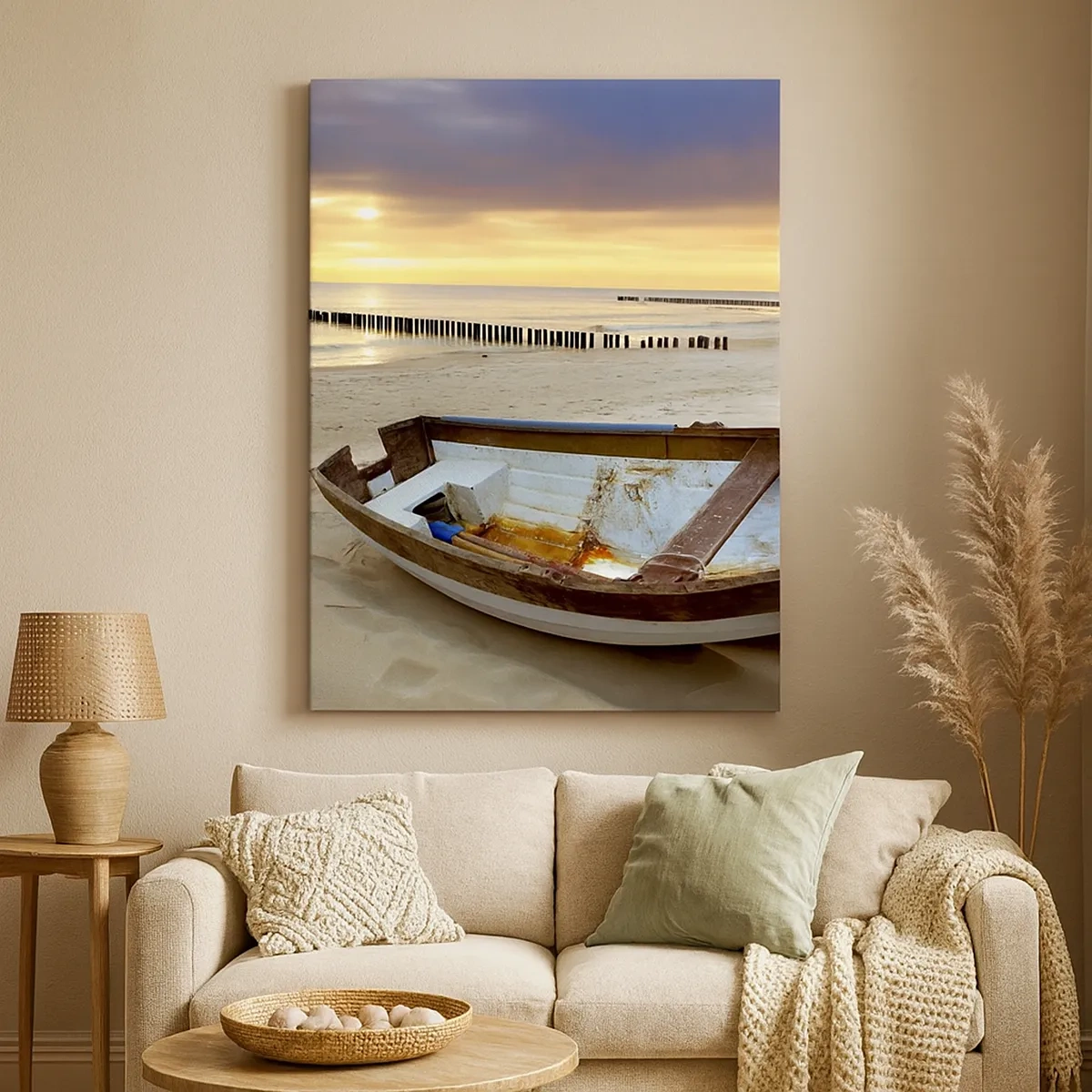 Quadro su tela - Stampe su Tela - Una barca su una spiaggia sabbiosa al tramonto - 50x70cm - Non vi sono spiagge più belle - Decorazione murale moderna per soggiorno e camera da letto ARTTOR