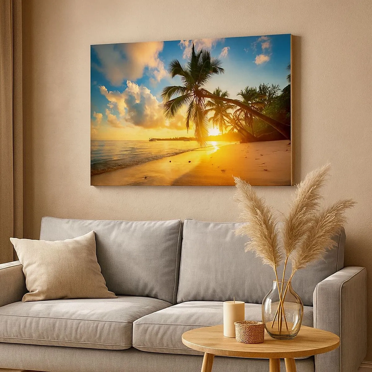 Quadro su tela - Stampe su Tela - Spiaggia al tramonto con palme in riva al mare - 70x50cm - Sogno dei Caraibi - Decorazione murale moderna per soggiorno e camera da letto ARTTOR