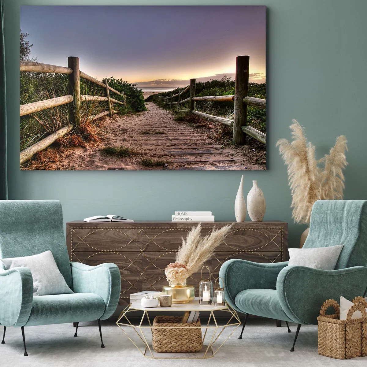 Quadro su tela - Stampe su Tela - Sentiero in legno tra le dune che conduce alla spiaggia al tramonto - 120x80cm - Già si vede la meta - Decorazione murale moderna per soggiorno e camera da letto ARTTOR