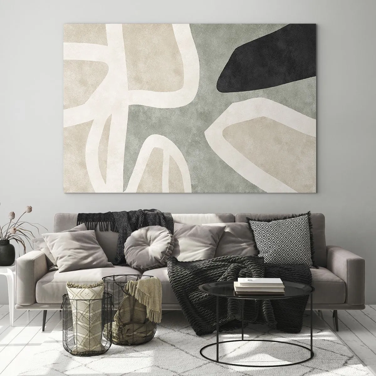Quadro su vetro - Forme astratte in beige e verde con un tocco di nero - 100x70cm - Composizione con motivi in nero - Decorazione murale moderna per soggiorno e camera da letto ARTTOR