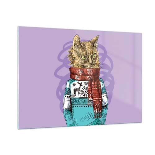 Quadro su vetro - Un gatto con un maglione e una sciarpa su uno sfondo viola - 100x70cm - Un gatto non solo con gli stivali - Decorazione murale moderna per soggiorno e camera da letto ARTTOR