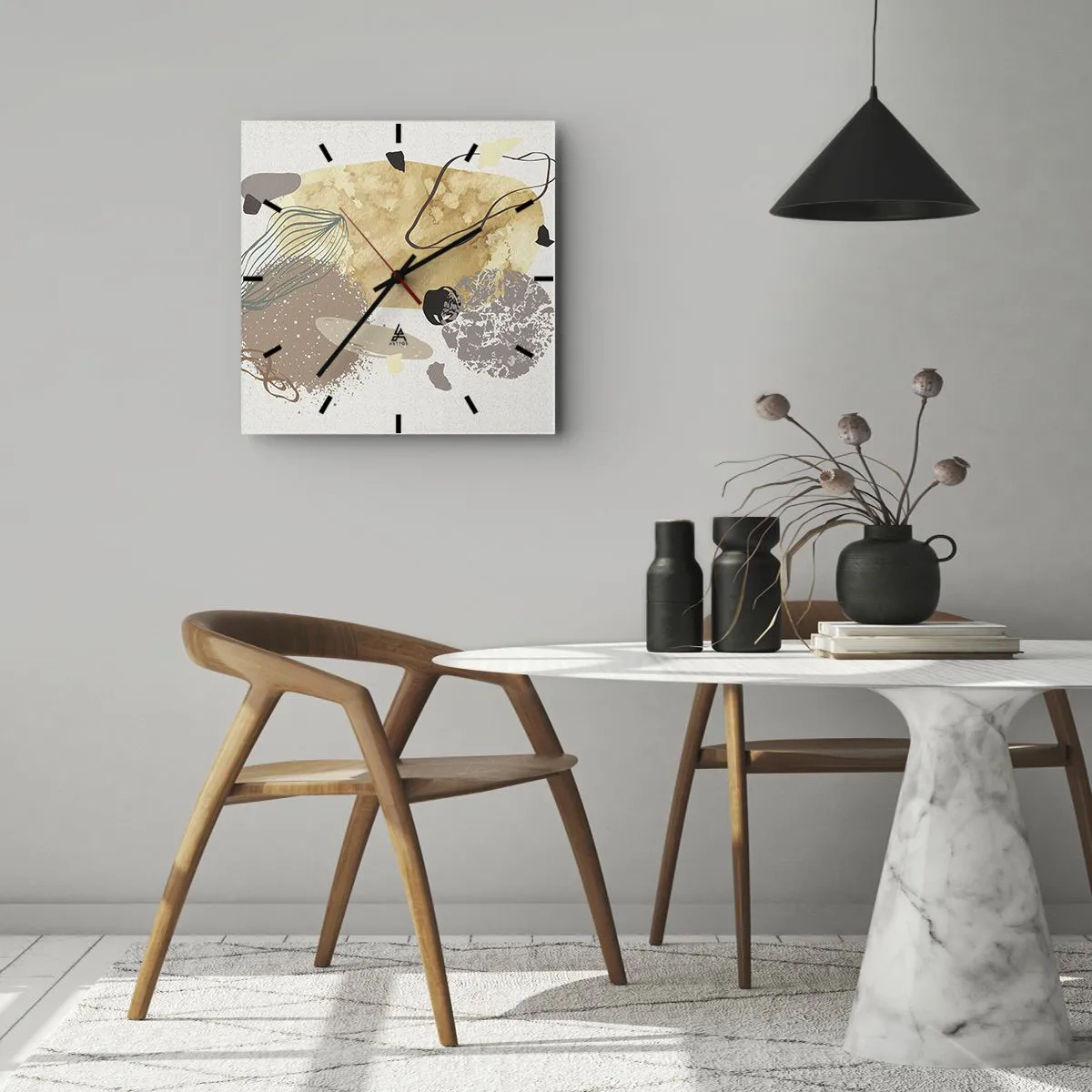 Orologio da parete - Orologio in Vetro - Una composizione di forme astratte nei toni del beige e del giallo. - 30x30cm - Schizzologia applicata - Decorazione murale moderna per soggiorno e camera da letto ARTTOR