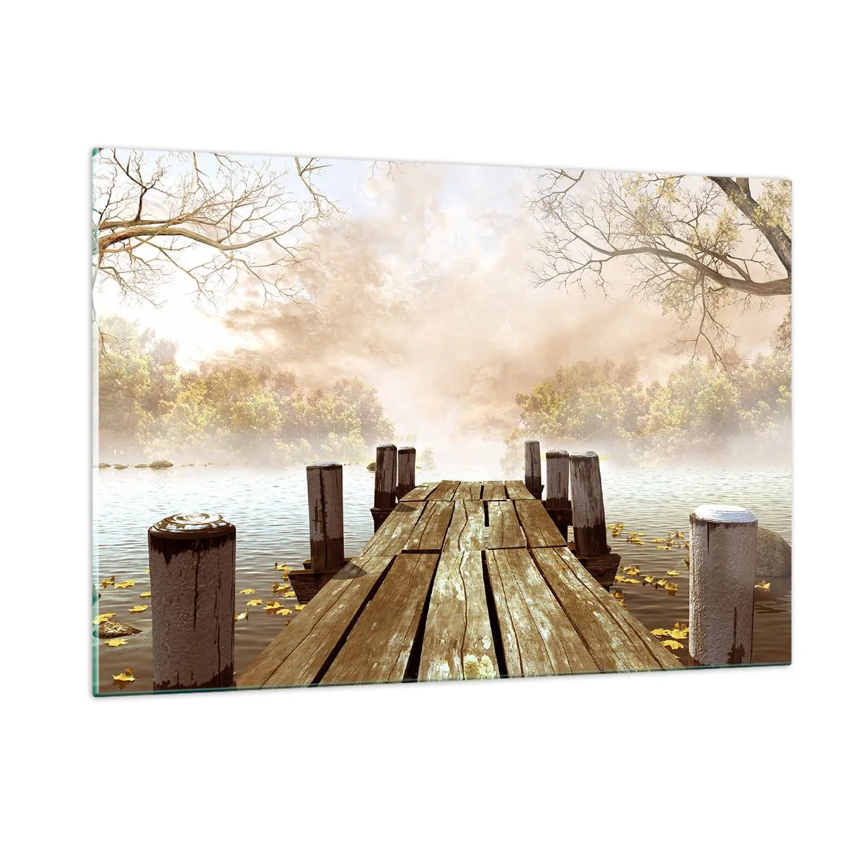 Quadro su vetro - Un molo di legno su un lago calmo nella nebbia - 120x80cm - La mite melanconia autunnale - Decorazione murale moderna per soggiorno e camera da letto ARTTOR